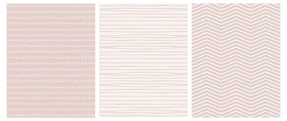 Set of 3 Hand Drawn Irregular Geometric Patterns. White Chevron and Waves with Loops on a Pale Pink Background. Pink Horizontal Stripes on Light Cream Layout. Cute Infantile Style Illustration. 