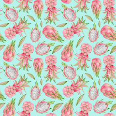 Watercolor seamless pattern with summer fresh fruits. Pink tropical pineapple and pitaya. Summer background for textile, covers, decoration, wrapping.
