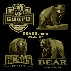Obraz premium Vector collection of bear logos on a black background.