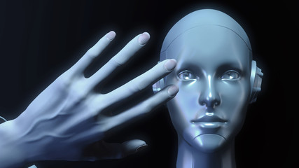 Human hand touching woman robot face. Artificial love, woman robot and human. 3d render