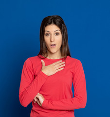 Brunette young woman wearing a red T-shirt