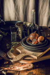 still life with food on a rustic wooden table