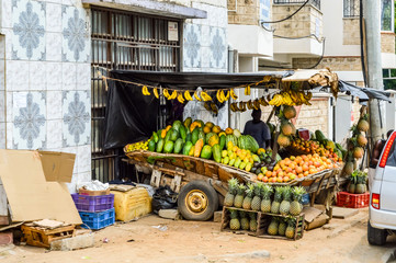 Mombasa, Kenya, Africa-10/01/2017. Display of vegetables on a trailer on a street