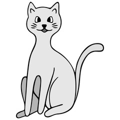 Cat. White color. Colored vector illustration. Isolated background. Cartoon style. Lovely pet. A purring creature with a mustache. Fluffy animal. The tailed robber. Hand drawing. Idea for web design.
