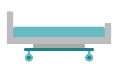 Grey simple hospital bed with a green mattress.