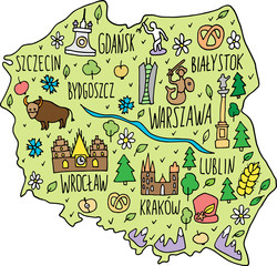Colored hand drawn doodle Poland map. Polish city names lettering and cartoon landmarks, tourist attractions cliparts. travel, trip comic infographic poster.