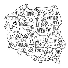 hand drawn doodle Poland map. Polish city names lettering and cartoon landmarks, tourist attractions cliparts. travel, trip comic infographic poster.