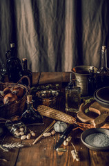 still life with food on a rustic wooden table