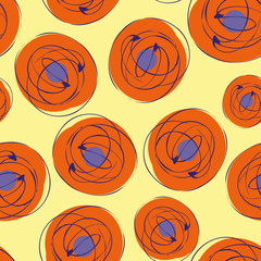 Obraz premium Scribbled ink grunge circle vector seamless pattern background. Hand drawn brush stroke ring shapes multicolor backdrop. Bold abstract swirl design. Modern all over print for vacation summer concept.