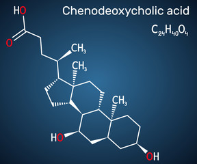 Chenodeoxycholic acid, CDCA, chenocholic acid, C24H40O4 molecule. It is bile acid naturally found in the body. It is used as cholagogue, choleretic laxative, and to dissolve gallstones