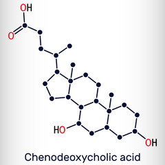 Chenodeoxycholic acid, CDCA, chenocholic acid, C24H40O4 molecule. It is bile acid naturally found in the body. It is used as cholagogue, choleretic laxative, and to dissolve gallstones