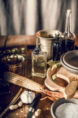 still life with food on a rustic wooden table