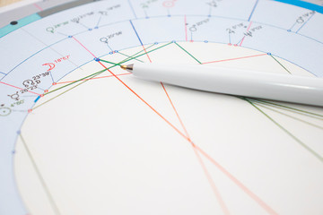 The workplace of a modern astrologer. Accessories of an astrologer. Printouts of computer...