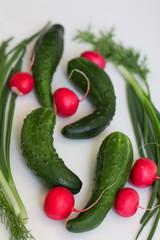 
Fresh cucumbers with radish and green onions on a white background