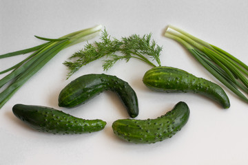 
Fresh cucumbers with green onions on a white background