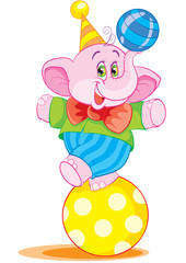 Obraz na płótnie Canvas elephant in a festive cap performs in a circus and dances on a ball, vector illustration,