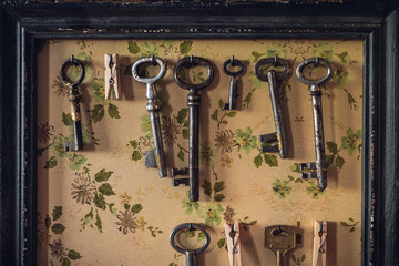 Old worn out keys on the frame like hanger on the wall. Shallow DOF