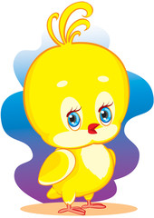 yellow chicken character with a big head and big blue eyes, vector illustration,
