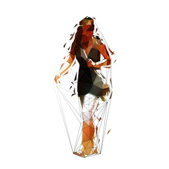 Woman with handbag walking, young lady profile. Low polygonal isolated vector illustration