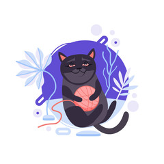 Cartoon black Burmese cat jumping and holding a roll for knitting. He is pleased and the happiest pet on this planet. Completed and isolated vector illustration.
