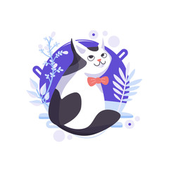 Funny cartoon cat standing and looking from his back. Happy character, glorious pet wearing a red bow. Completed and isolated vector illustration.