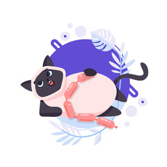 Cartoon Ragdoll or Birman cat has eaten of sausages and after that lies on the ground. He is pleased and the happiest pet on this planet. Completed and isolated vector illustration.