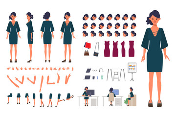 Businesswoman character creation for animation. Animated face emotion and mouth and hair. Set of businesswoman doing job flat design.