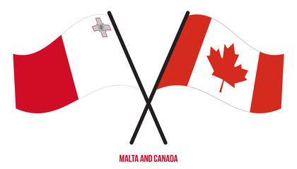 Fototapeta na wymiar Malta and Canada Flags Crossed And Waving Flat Style. Official Proportion. Correct Colors