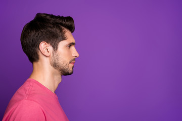 Closeup profile photo of macho guy serious perfect appearance neat hairdo bristle not smiling look...