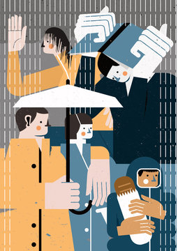Illustration of people in rain