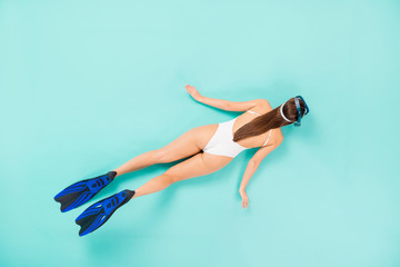 Top above high angle view full length back rear spine photo happy girl swim underwater coral reef...