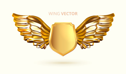 3d heraldic shield and wings logo, gold emblem. Golden wings with shield. Symbols of sports or business achievements. Vector