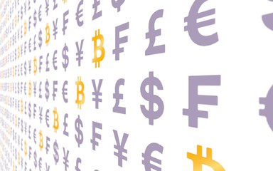 Bitcoin and currency on a white background. Digital crypto currency symbol. Wave effect, currency market fluctuations. Business concept. 3D illustration
