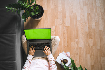 Woman sitting on the floor near couch, using laptop and drinking coffee. Flat lay photo, space for text, mockup.