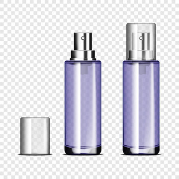 Empty Glass Spray Bottle With Clear Cap On Transparent Background, Vector Mockup. Cosmetic Product Container, Mock-up