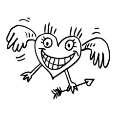 Heart with wings flying and holding cupid's arrow in hand, love, valentines day theme, black and white cartoon