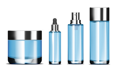 Clear blue glass cosmetic bottles isolated on white background, vector mockup set. Face cosmetics packaging, mock-up