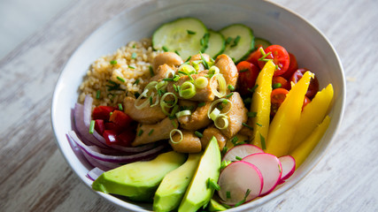Chicken poke with avocado and mango