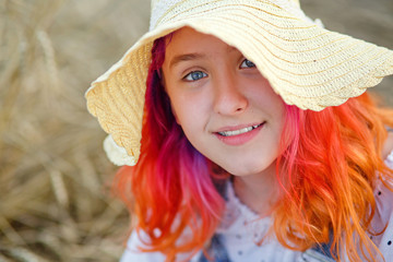 Beauty Of A Romantic Girl Outdoors. A beautiful teenage model with bright pink and lilac hair. Long Hair Flutters. Autumn. The Sun Is Shining, The Sun Is Shining.Warm colour scheme