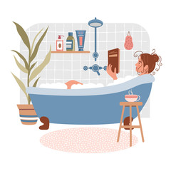 Obraz premium Young woman relaxes in bath and reads book. Daily life and everyday routine. Girl is in cozy bathroom with home plants and cup of tea. Cartoon vector illustration. Vector illustration in flat style.