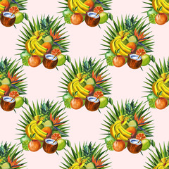 Watercolor seamless floral pattern with fruts hand drawing decorative background. Hand drawn watercolor illustration. Print for textile, cloth, wallpaper, scrapbooking