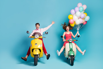 Portrait of his he her she nice attractive cheerful excited glad friends friendship driving moped...