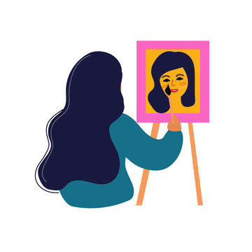 Girl artist draws a self portrait. Woman learning drawing at home, hobbies concept. Vector illustration