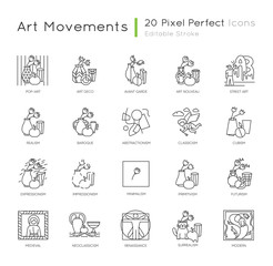 Art movements pixel perfect linear icons set