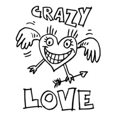 Heart with wings flying and holding cupid's arrow in hand, crazy love, valentines day theme, black and white cartoon