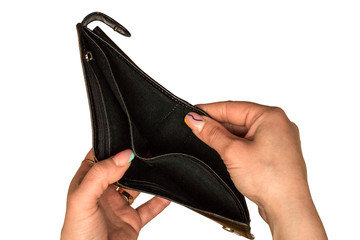 Hands with empty wallet isolated on white background