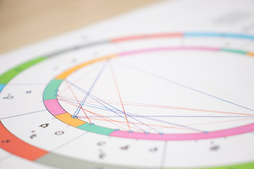 The workplace of a modern astrologer. Accessories of an astrologer. Printouts of computer...
