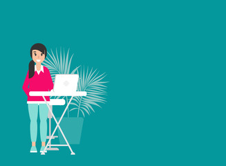 Fototapeta premium Happy freelancer girl on table with computer. flat vector illustration on blue background.