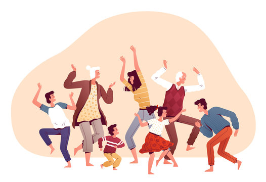 Big family dancing together. Happy parents, children and grandparents have fun, play and have a good time. Dancing at home. Family home entertainment