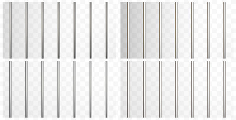 Prison metal bars set isolated on transparent background. Iron and steel empty jail cage. Vector security pipe or stick border patterns